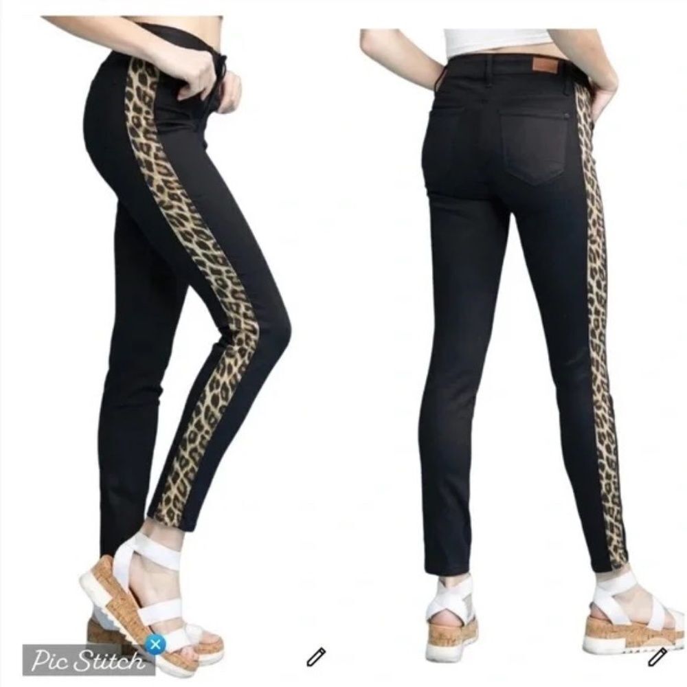 Judy Blue Black Leopard Panel High Rise Tuxedo Stripe Skinny Fit Jeans Sz 29